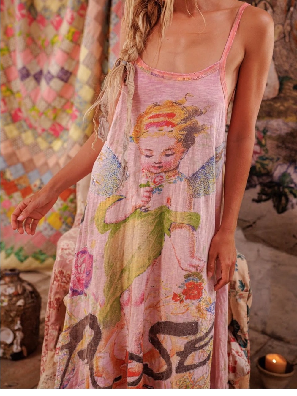 Sleeveless Pink Angel-Print Casual Sundress